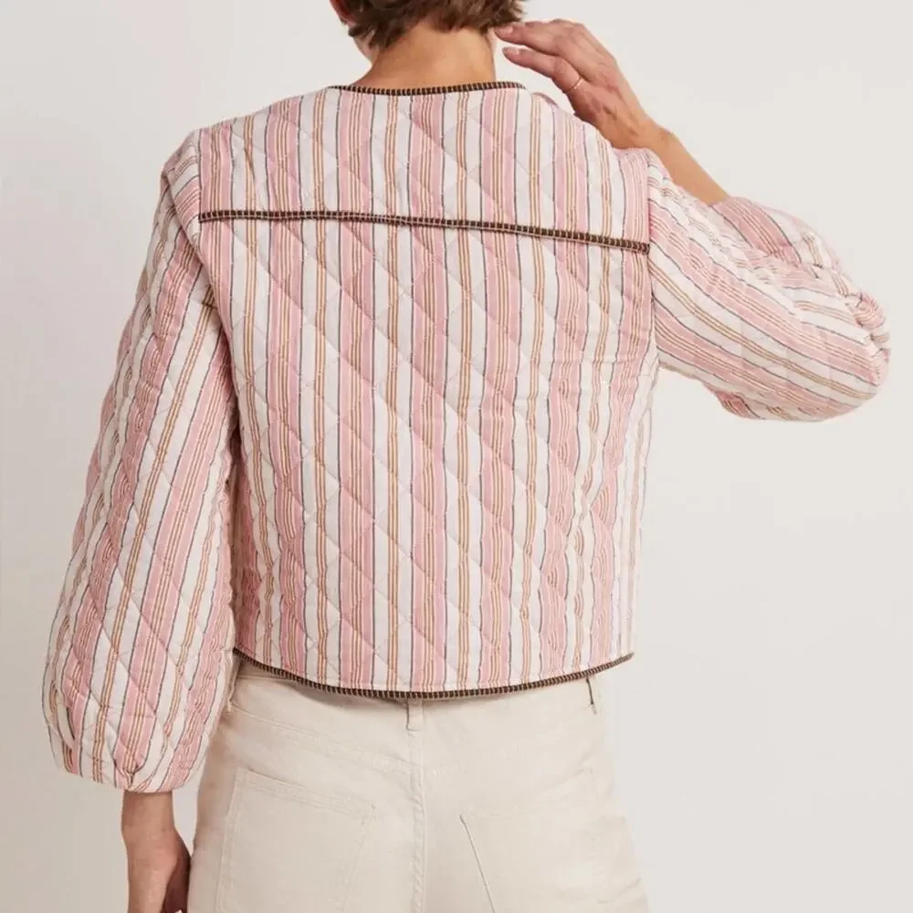Boden Striped Embroidered Quilted Jacket Beaded Pink Crop Length Sz XS - Picture 2 of 13